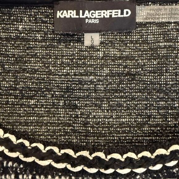 Karl Lagerfeld Tweed Knit Top Black and White Front Pocket Button Detail Large - Picture 5 of 12